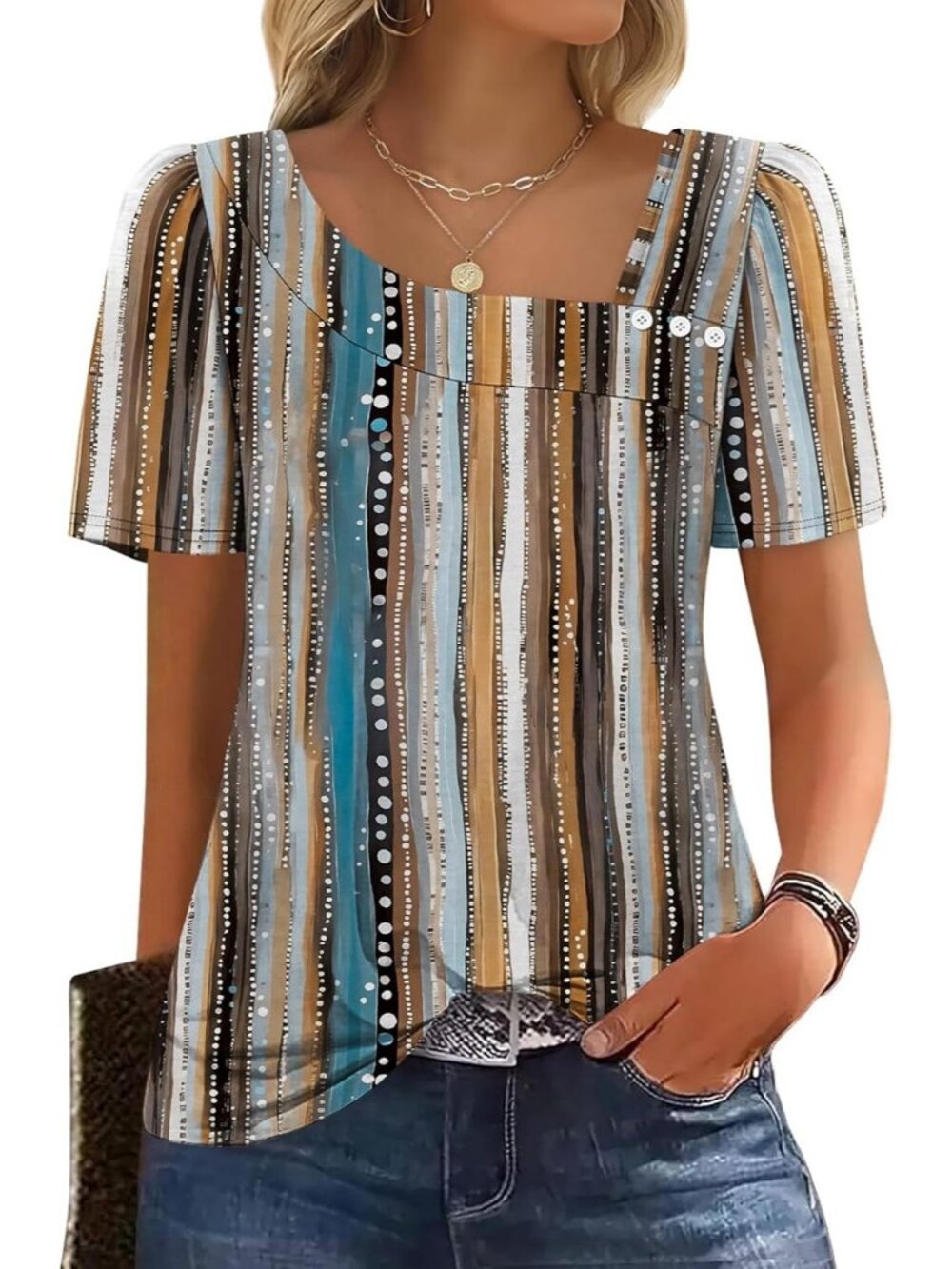 Women's Stripes Multicoloured Square Neck Blouse Summer Short Sleeve Spring Top